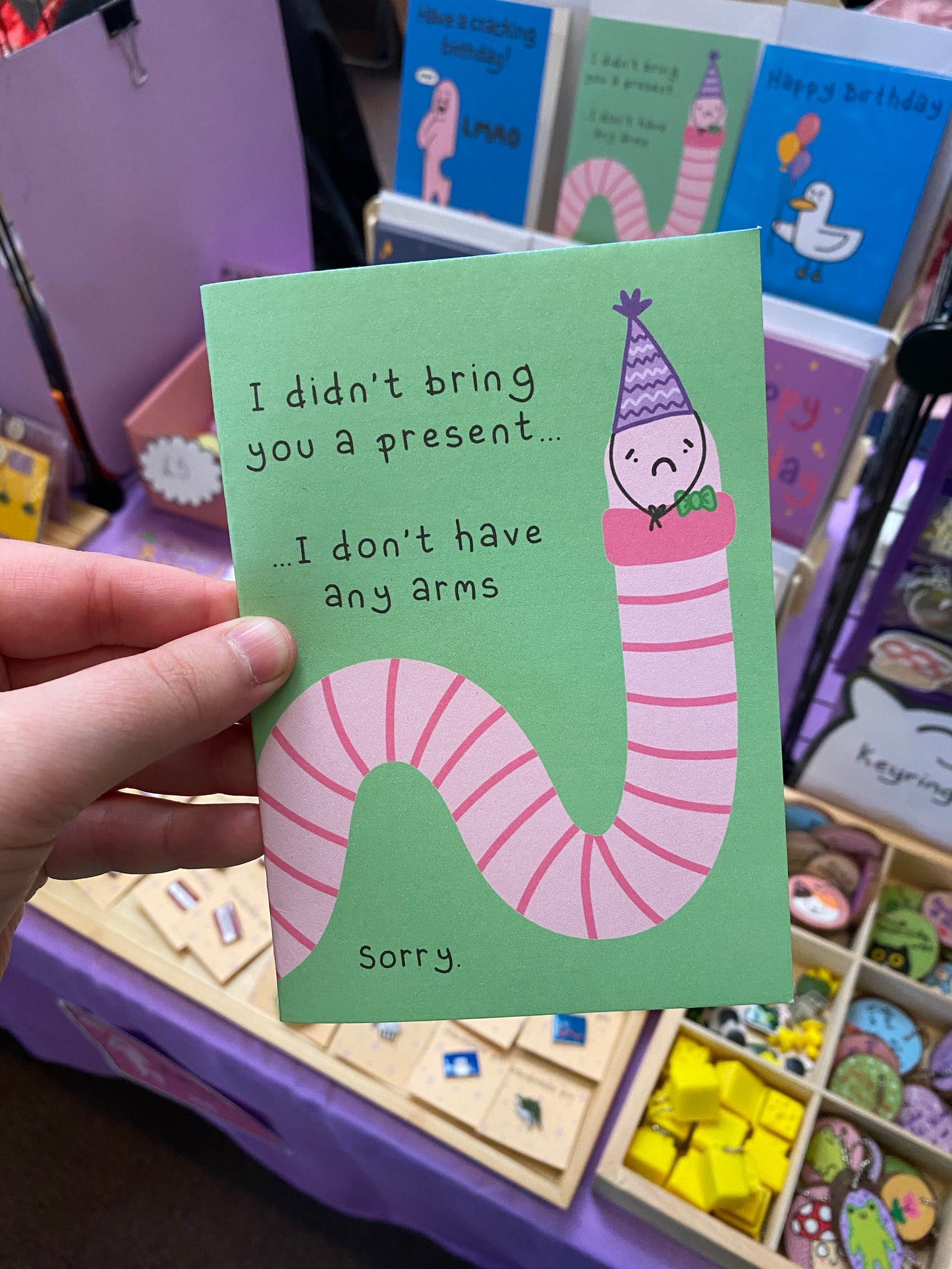 No arms, no present wilfred the worm greetings card